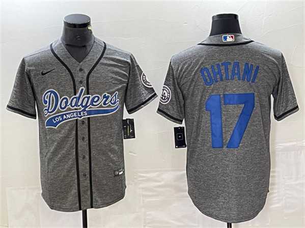 Mens Los Angeles Dodgers #17 Shohei Ohtani Gray Cool Base With Patch Stitched Baseball Jersey